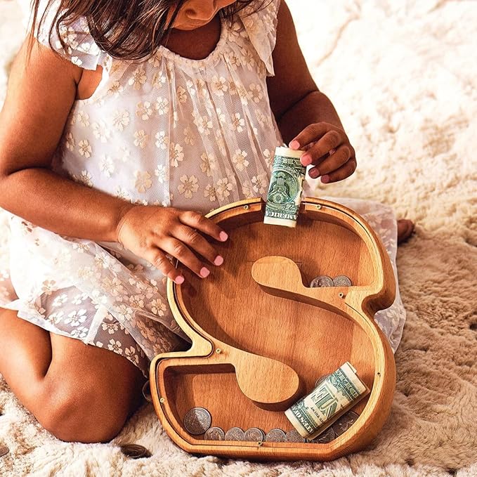 Personalized Wooden Piggy Bank – Custom Letter S Coin Bank in Beech Wood with Clear Acrylic Front, Engraved Name Option, Money Saving Box for Kids and Adults