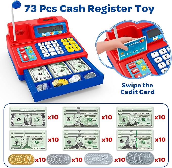 Calculator Cash Register - 103 Pcs Toy Cash Register, Microphone, Credit Card and Banking for Kids, Early Math Skills Toys Gifts for 3, 4, 5, 6 7 8+ Years Old Boys Girls