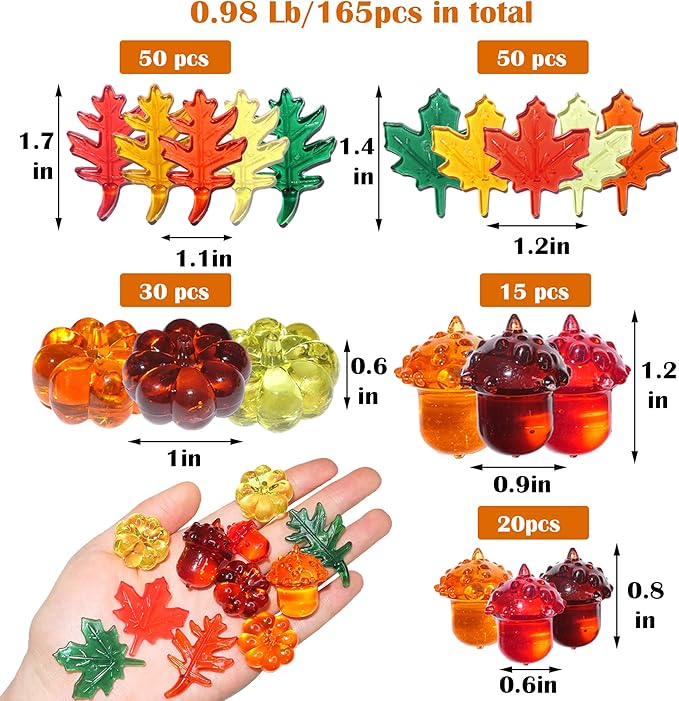 Fall Vase Filler,165 Pcs Acrylic Pumpkin Leaves Acorn Gems Sensory Bin Fillers for Thanksgiving Centerpieces Table Decorations,Table Scatters,Preschool Counting and Thanksgiving Craft