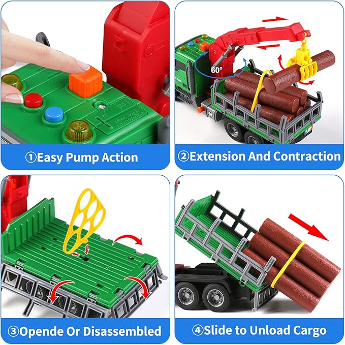 Kids Toys for 3 4 5 6 Year Old Boys,Farm Logging Truck Toy with Loading Crane and 6 Trunks, Lights&Sounds,Friction Powered Truck Kids Birthday Gifts for Boys Girls
