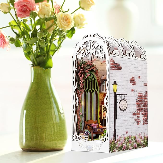 Book Nook Kit - DIY Miniature Dollhouse Kits for Adults, Booknook Bookshelf Insert with LED Light, 3D Wooden Puzzle Bookend Insert, Hobbies Gifts for Family and Friends, Flower House