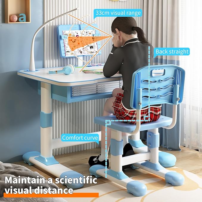 2025 NEW Kid's Study Desk and Chair Set, Ergonomic Height Adjustable Children Study Desk with Tilt Desktop, Book Stand, Light, Metal Hook and Storage Drawer,Gift for Boys Girls (Blue 70cm light)
