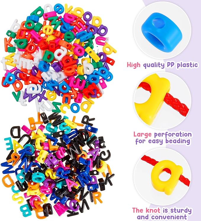 Wesiti 408 Pcs Lacing Letters Alphabet Learning Toys Toddler ABC Alphabet Beads Lacing Sports Skills Toys for Preschool Games Homeschool Supplies Early Spelling (Lowercase Uppercase Letters)