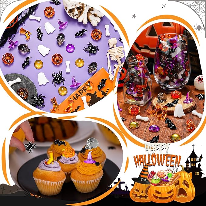 120 Pcs Halloween Vase Filler, Mini Acrylic Witch Hats Pumpkin Ghost Skull Bat Spider for Centerpieces Table Decorations