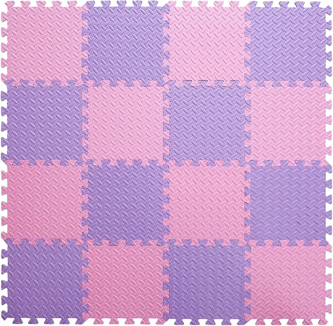 Foam Floor Mats for Kids, 12 x 12 Inch 16 Tiles 0.4" Thickness Foam Play Mat, Non-Toxic Square Interlocking Floor Mats Rubber Baby Play Mat for Toddlers(Pink/Purple)