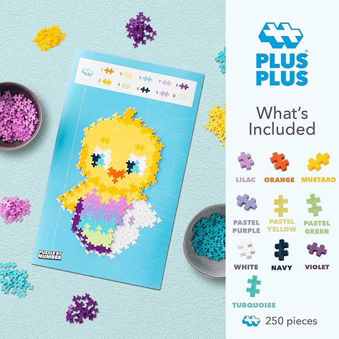 PLUS PLUS Puzzle by Number, 250 Piece Mini Interlocking Hashtag Color Blocks, 3D Pixel Art Kit for Kids - Chick
