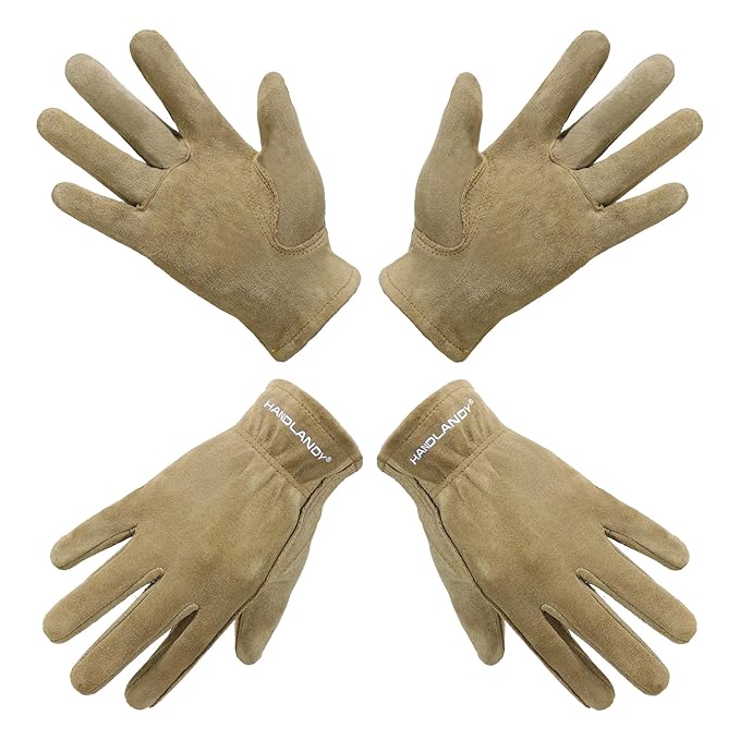 HANDLANDY Kids Genuine Leather Work Gloves for ages 3-11, Children Gardening Gloves for Boys, Girls (Large (age8-11), 2 pairs)