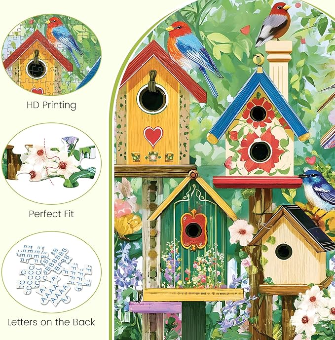 500 Piece Puzzle for Adults, Colorful Birdhouses 500 Piece Puzzle, Vibrant Birds in Blooming Flowers Jigsaw Puzzle, Perfect for Family Game Night, Home Wall Decor, Great Gift for Adults, Kids, Seniors