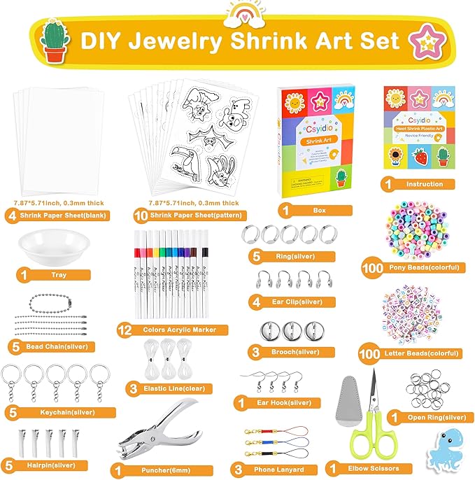 286 PCS Shrink Art Paper Kit Includes 14 PCS Shrink Plastic Sheets and 272 PCS DIY Accessories and Tools, Shrink Dink Kit for Bracelet Earring Making, Great Christmas Presents