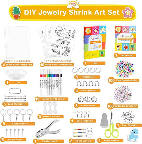286 PCS Shrink Art Paper Kit Includes 14 PCS Shrink Plastic Sheets and 272 PCS DIY Accessories and Tools, Shrink Dink Kit for Bracelet Earring Making, Great Christmas Presents