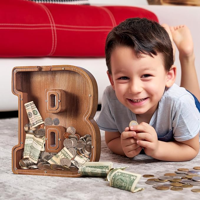 Summidate Large Wooden Piggy Bank for Kids Adults, Alphabets Letter A-Z Piggy Bank for Boys Girls, Coins Bills Change Bank Box Personalized Initial Name Kids Money Bank for Birthday Present and Decor