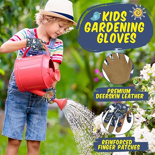 HANDLANDY Kids Genuine Leather Gardening Gloves for ages 3-11, Children Toddler Work Outdoor Playing Gloves for Boys Girls Gift (Medium (for age 5-7), Blue)