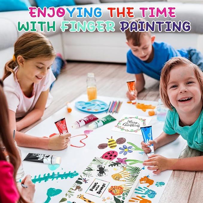 Washable Finger Paint for Toddlers, 8 Colors Large Capacity (2.54fl Oz) with Sponge Tip, Non-Toxic Baby Safe Paint for Hand and Feet, Art Supplies, Preschool Learning Gifts, Ages 1-3 4 5 6+