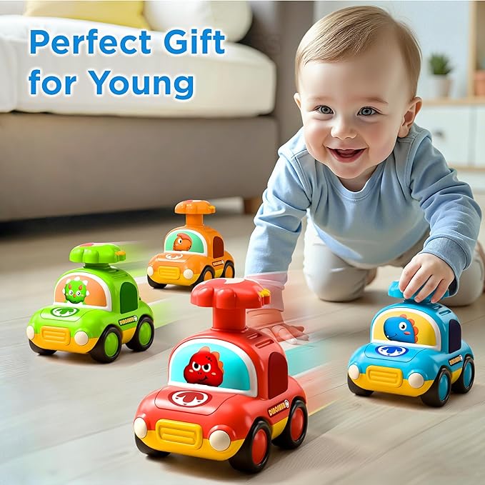 iPlay, iLearn Press to Go Dinosaur Car Toys for Toddlers 1-3, Baby Play Race Vehicle Set, Infant Dino Push Go Friction Toy, 4pcs Animal Car for 12 18 24 Month, 1st Birthday Gift for 1 2 3 Yr Boy Child
