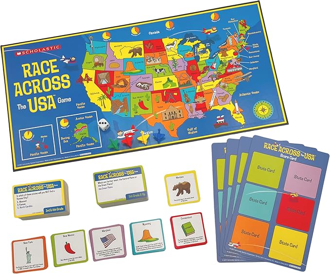 University Games, Scholastic Race Across the USA Board Game , Geography Learning Game for Kids and Families, for 2 to 4 Players Ages 8 and Up