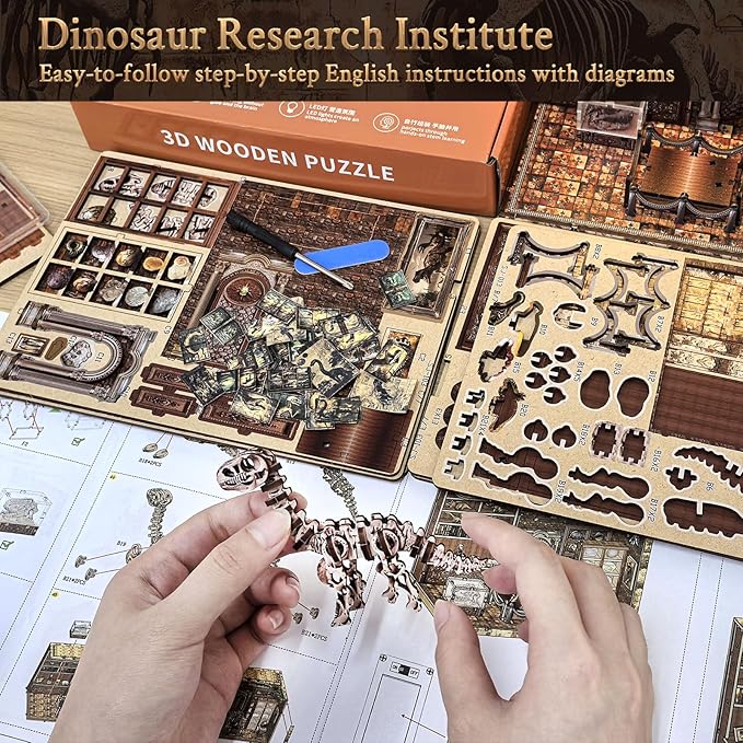 Book Nook Kit, DIY Miniature Dollhouse Booknook Kit for Adults and Teens, 3D Wooden Puzzle Bookshelf Crafts Kits with LED Light for Family and Friends (Dinosaur Research Institute)