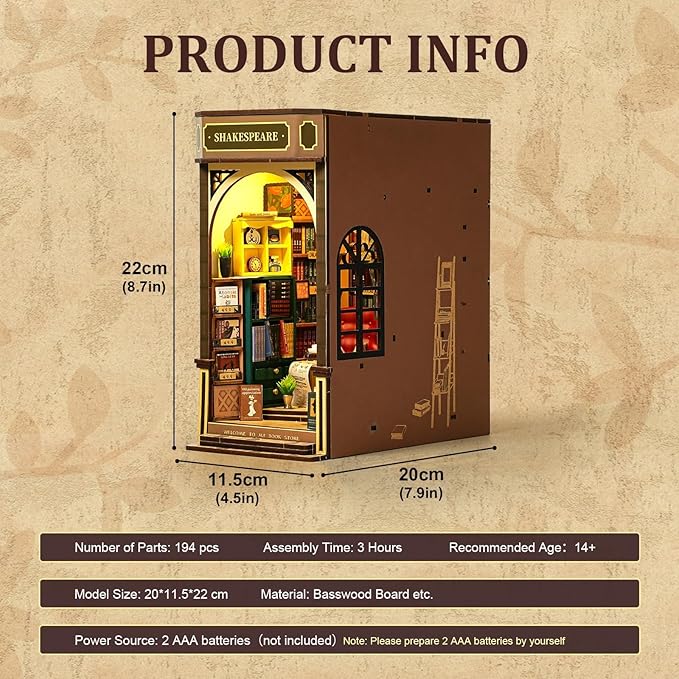 ROBOTIME DIY Book Nook Kit 3D Wooden Puzzles Dollhouse Booknook Library Tiny House Bookshelf Decor Miniature House Kit for Adults, Teens and Beginners Gifts for Family, Friends