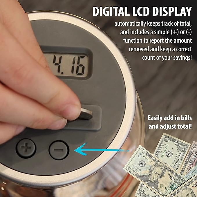 Locking Digital Coin Bank Savings Jar - Pennies Nickles Dimes Quarter Half Dollar Change Counter | Clear Jar with LCD Display
