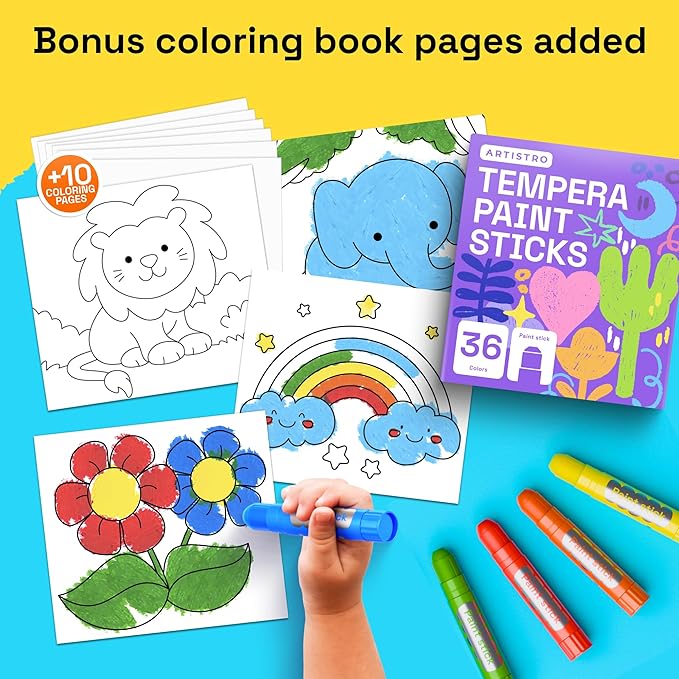 ARTISTRO 100% Washable Tempera Paint Sticks for Kids - 36 Non-toxic Paint Markers for Kids - Color Sticks with Twist Design, Coloring Pages Included