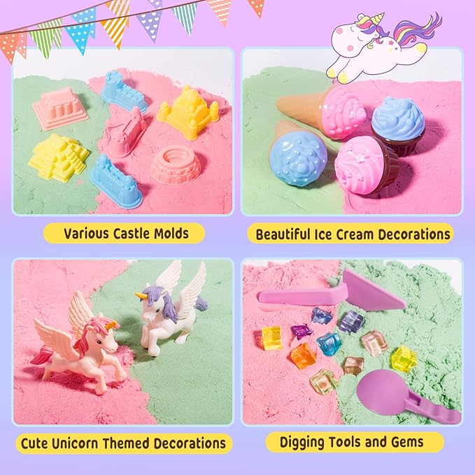 Weilim Unicorn Sensory Bin for Girl, Magic Sand Art Kit with Sandbox, Color Sand, Unicorn Fine Motor Kids Toy Christmas Birthday Gift for Toddler Ages 3 4 5 6 7 8