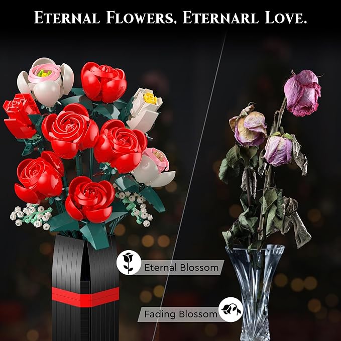 Flowers Bouquet Building Block, 841Pcs Roses Building Set with Vase, Home Office Creative Decoration, Valentine Day, Birthday, Christmas Ideal Gift for Kids, Adults