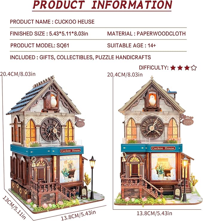 Roroom DIY Miniature Doll House with Furniture Dollhouse Kit for Adults and Teens,Booknook Tiny House Bookshelf Decor Mini 3D Wooden Puzzle, Gifts for Family, Friends (SQ61-cuckoo House)