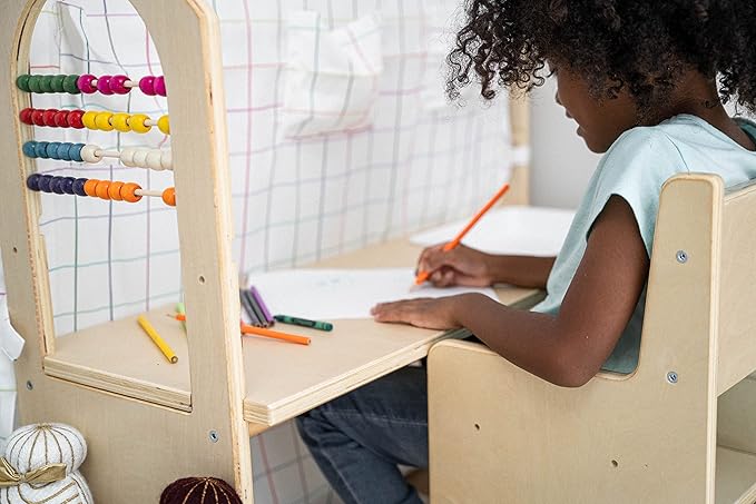 Avenlur Flair - 5 in 1 Indoor Playhouse with Desk Table, Chair, Chalkboard, Floor Cushion and Curtain Shades - Montessori and Waldorf Style for Ages 1 to 8 Years Old - (Large, Colorful Balloons)