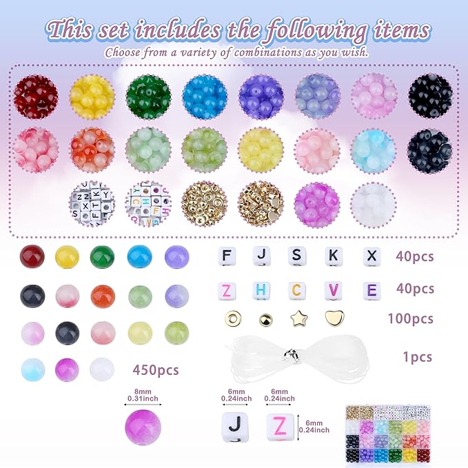 XIANNVXI 530pcs Glass Beads Kit for Friendship Bracelet 18color 8mm Colorful Glass Kandi Letter Beads Kit for Jewelry Making DIY Crafts