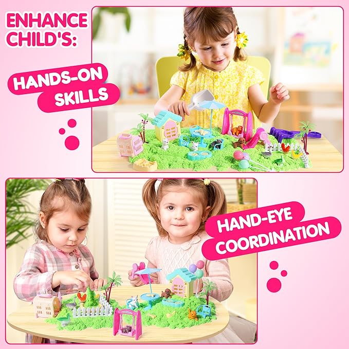 Billeeit Pet Sensory Bin Sand Toy with 2.2lbs Green Magic Sand, Dog ＆ Cat Play Sand Kit for Boys and Girls Including 28pcs Accessories Total, Sand Box Toys Gift for Kids 3+ Indoor Creativity
