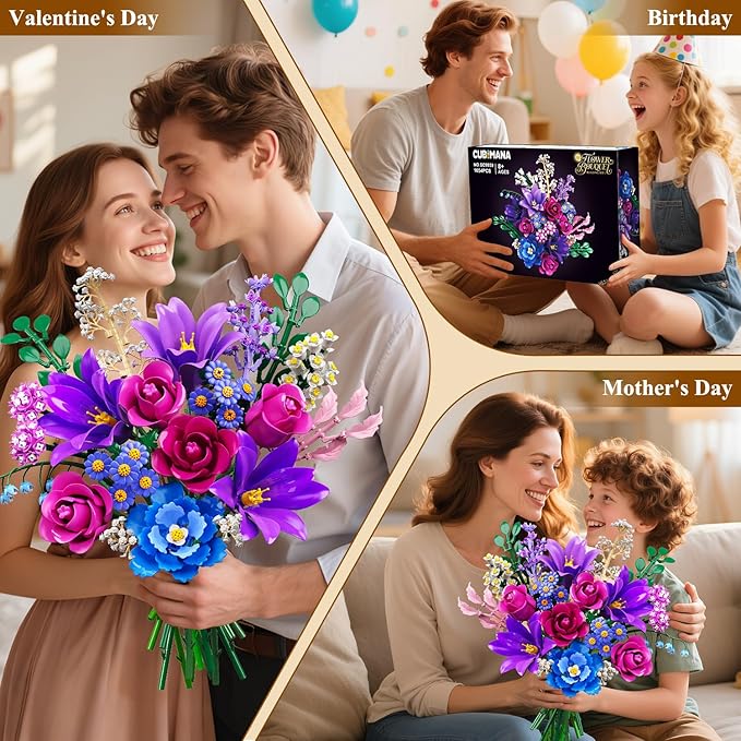 Flowers Bouquet Building Set with LED Light, 21 Flower Botanical Collection Building Block Toy, Rose Lily Plants Home Office Decor 1054PCS, for Her Adults Women Kids Girls 12+ (Purple)