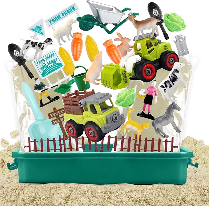 Farm Sensory Bin, Farm Sensory Kits Toy with 2.2lbs Play Sand, 31pcs Animals Trucks Creativity Magic Sand Box with Lid, Christmas Birthday Gift for Boys Kids Toddlers Ages 3 4 5 6 7 8