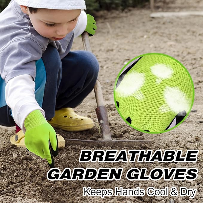HANDLANDY 3 Pairs Kids Gardening Gloves Latex Free, Nitrile Coated Children Toddler Garden Yard Work Gloves for Little Girls Boys (Size S, Black-Green)