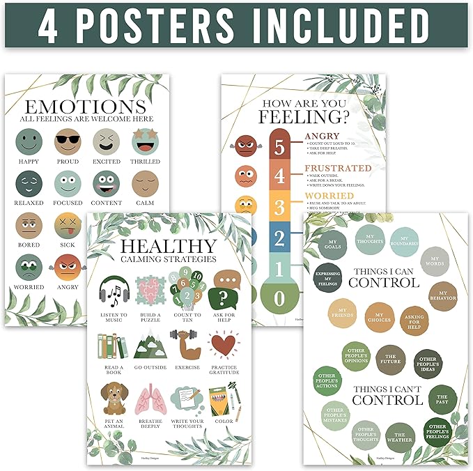 Hadley Designs Feelings Chart For Kids Ages 4-8 - Emotions Chart For Toddlers 3-5, Counseling Feelings Posters For Classroom Calming Corner, Social Emotional Learning Posters, Greenery Classroom Decor