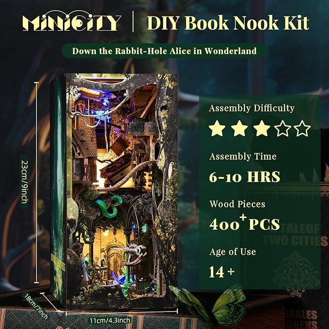 DIY Book Nook Kit, DIY Miniature Dollhouse with Lights for Adults and Teens (Down The Rabbit-Hole Alice in Wonderland)