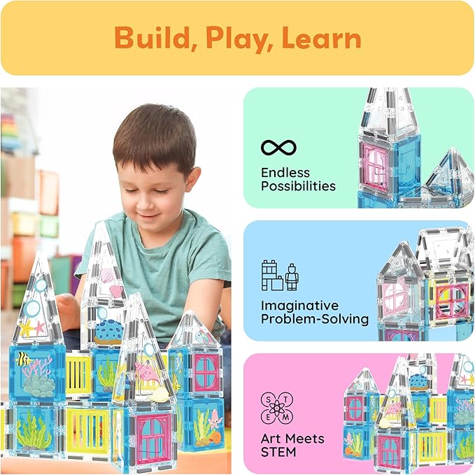 PicassoTiles 50 Piece Magnetic Tiles Mermaid Theme Magnet Building Blocks Toddler Toy Educational STEM Learning Kit Construction Set Pretend Play Preschool Kid Game Toddler Girl Boy Ages 3 & Up PTQ34