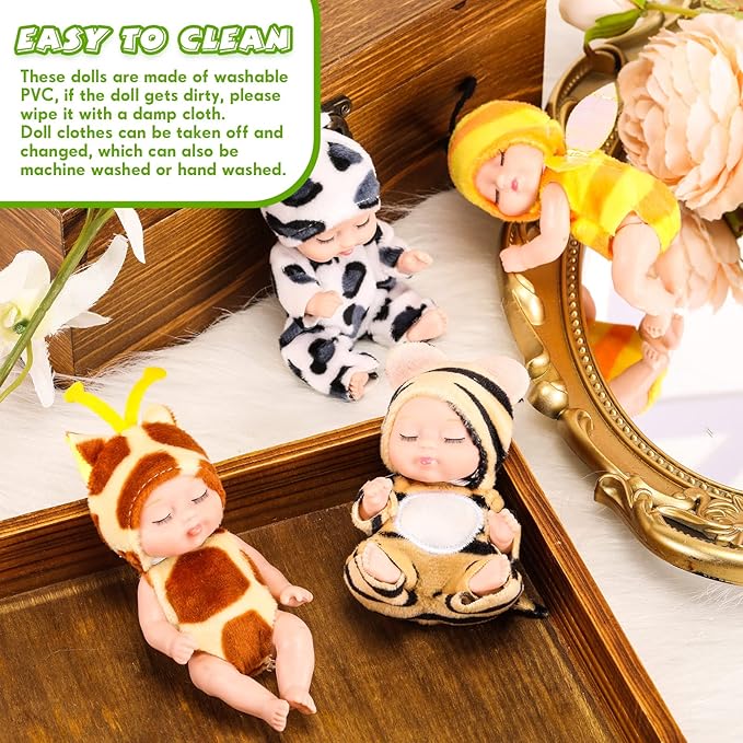 Hanaive 4 Pcs 4 Inch Mini Baby Dolls Lifelike Realistic Baby Dolls Animal Clothes Cute Tiny Gifts for Kids Birthday Party(Print Style)