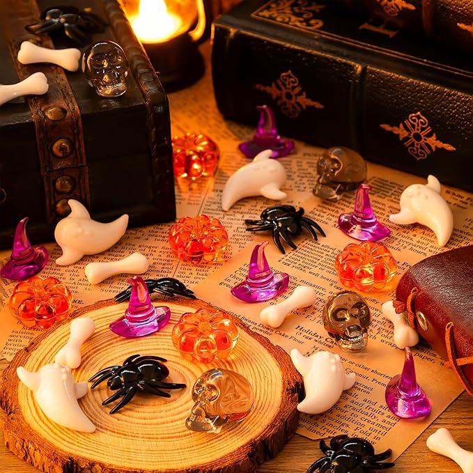 120 Pcs Halloween Vase Filler, Mini Acrylic Witch Hats Pumpkin Ghost Skull Bat Spider for Centerpieces Table Decorations