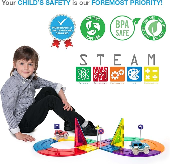 PicassoTiles 50pc Racecar Track Magnetic Tiles Educational Kids Toy with 2 Light Up Trucks STEM Preschool Learning Magnet Tile Toddler Toys Boys Girls Ages 3+ Blocks Game Puzzles Build Playset PTR50