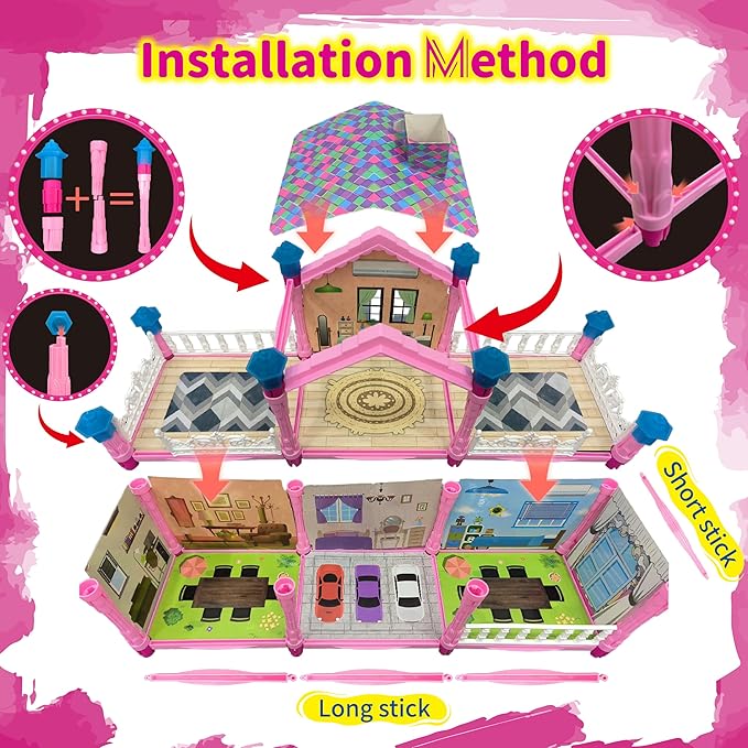 Doll House for Girl with 1 Princess, 2 Floors -4 Rooms, 131 Accessories Includes Dog and Furnitures, Design and Build Gift for 3 4 5 6 7 8+ Year Old Girls (Pink)