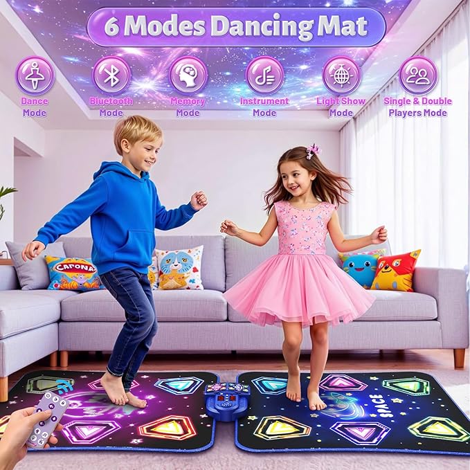 Dance Mat Toys for 3-12 Year Old Kids, Kids Dance Mat with Light-up 12-Button Bluetooth & 6 Modes, 2 Player Electronic Dance Pad Toys, Birthday Xmas Gifts for 3 4 5 6 7 8 9 10+ Year Old Girls Boys