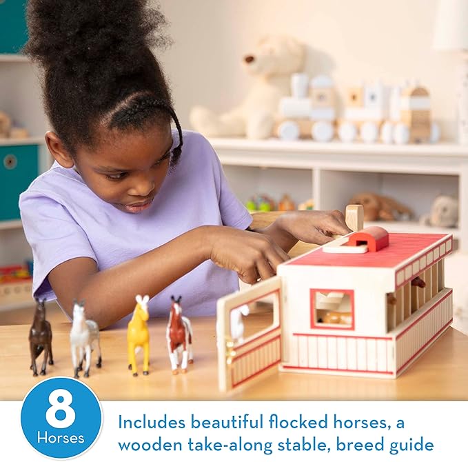 Melissa & Doug Take-Along Show-Horse Stable Play Set with Wooden Stable Box and 8 Toy Horses