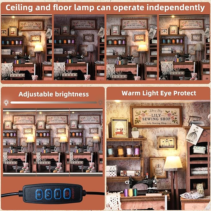 Book Nook Kit - 3D Wooden Puzzle with LED Switch Control & Wall-Mountable Frame，DIY Miniature House for Beginners，Bookshelf/Tabletop/Wall Decor for Craft Lovers，Dollhouse Gift (Lily Sewing Shop)
