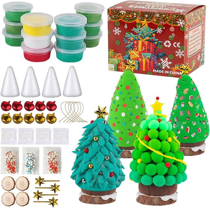 Christmas Trees Crafts Sets，Air Dry Clay Kits for Kids，Modeling Clay Christmastree DIY Sets,Christmas Stocking Stuffers Perfect for Winter Children's Holiday Party Decoration Gifts