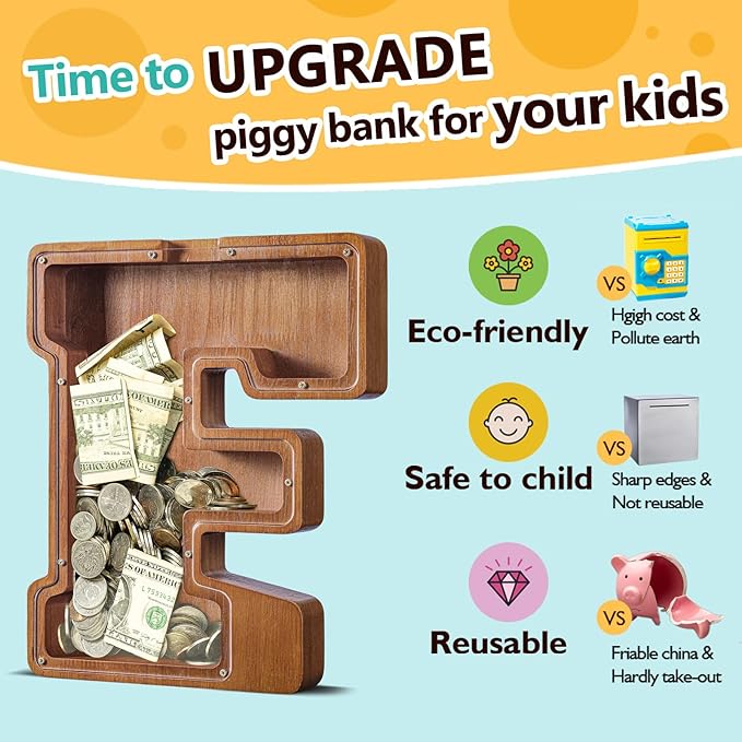 Summidate Large Wooden Piggy Bank for Kids Adults, Alphabets Letter A-Z Piggy Bank for Boys Girls, Coins Bills Change Bank Box Personalized Initial Name Kids Money Bank for Birthday Present and Decor
