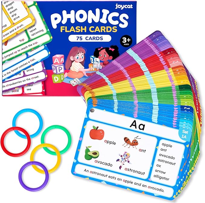 JoyCat 75 Pack Phonics Flash Cards-Learn to Read Alphabet and CVC Words in 25 Stages-Games for Kids Ages 3-8 Preschool Kindergarten 1st 2nd Grade Homeschool Educational Learning Activities