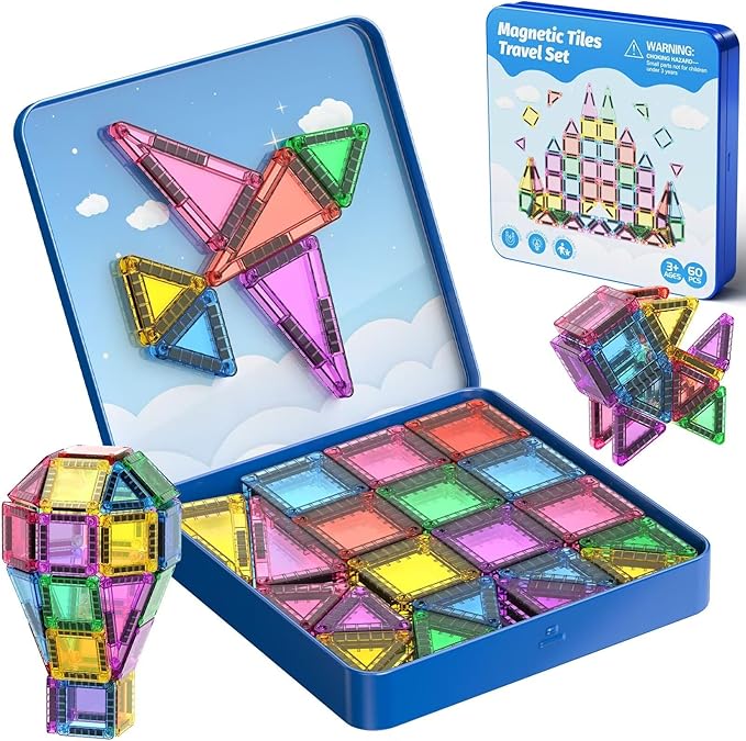 60-Piece Mini Magnetic Tiles Set with Iron Box - Ideal Travel Puzzle Toys for Toddlers Aged 3-5, Montessori STEM Building Blocks, Educational Birthday Gift