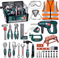 Deejoy Tool Set with Tool Box & Electronic Toy Drill, Pretend Play Kids Construction Kits for Kids Ages 3-5 Years Old, Toddler Boy Toys (Green)