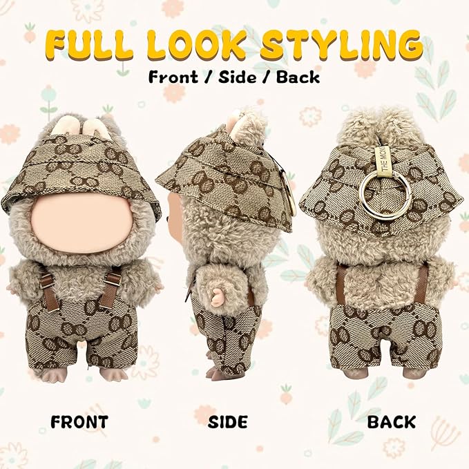 17cm Clothes Set(Only Outfit), Hat & Overalls Set for 6.7inch Doll, Cute Clothes for Dress up Unique Style, Stylish Clothes for Doll (Brown)