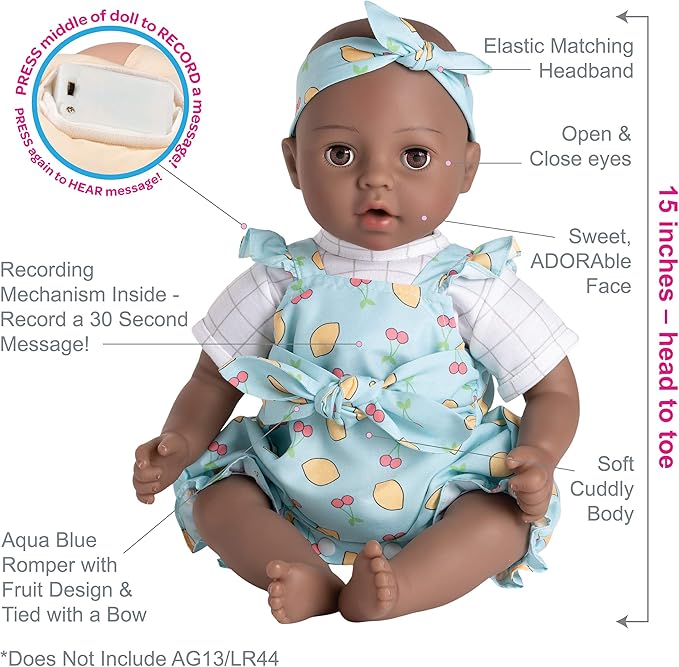 ADORA Wrapped in Love Babies, 6-Piece Set Baby Doll with Voice Recorder Feature, Includes, Removable Outfit, Headband, Romper, Pacifier and Diaper, Birthday Gift for Ages 3+ - Sweetheart