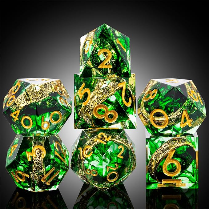 DNDND Magic Lord Rings DND Dice Set with Gift Case 7-Piece Resin Sharp D&D Dice Set with Golden Rings for RPG Dungeons & Dragons Tabletop Game (Green)